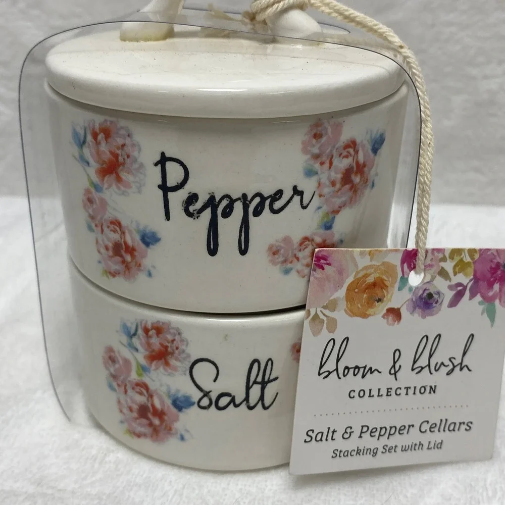 Stackable Salt & Pepper‎ Cellar Ceramic Floral Kitchen Design Christmas Gift New